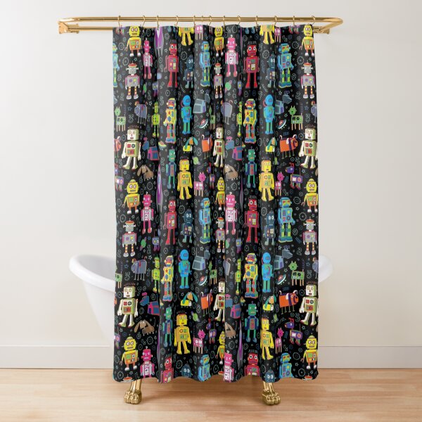 Robots in Space - black - fun pattern by Cecca Designs Shower Curtain