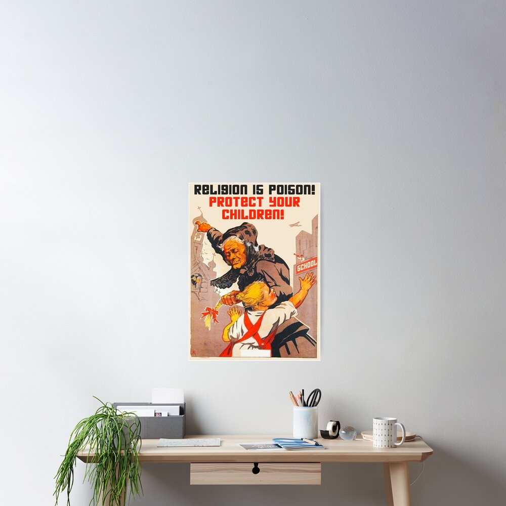 "Religion is poison! Protect your children!" Translated USSR 1930s Anti-religious propaganda Art Poster