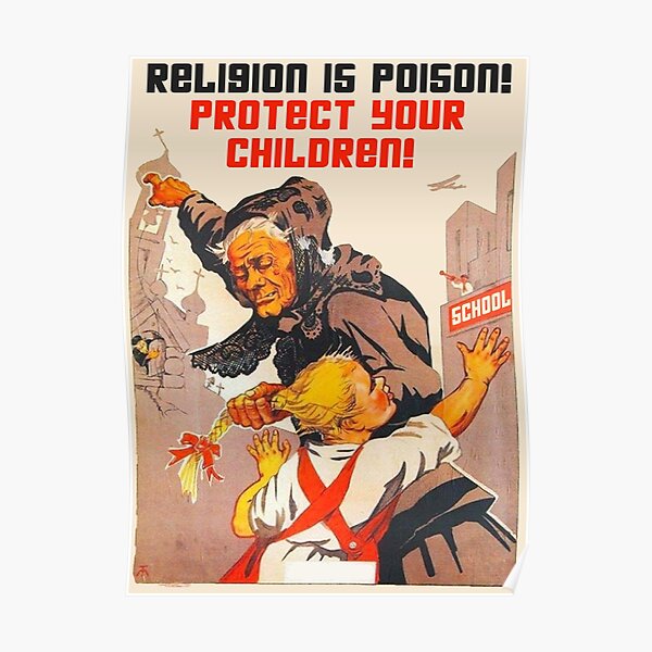 "Religion is poison! Protect your children!" Translated USSR 1930s Anti-religious propaganda Art Poster