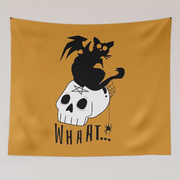 Item preview, halloween black cat in top of a skull , funny halloween black cat illustration designed and sold by Vivid-wear.