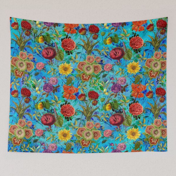 Item preview, Vintage flowers and roses exotic summer garden, botanical pattern, floral illustration, blue turquoise vintage floral designed and sold by ZeinabTaha.
