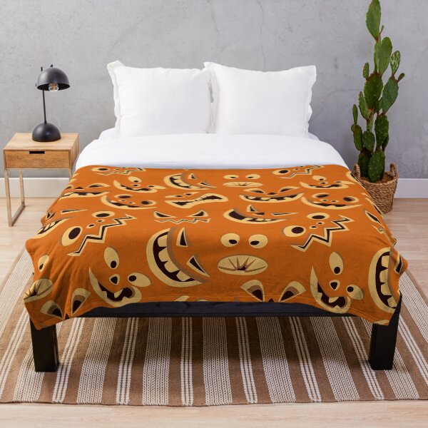 Item preview, Halloween pumpkin faces on orange background designed and sold by ReflectedCrafts.