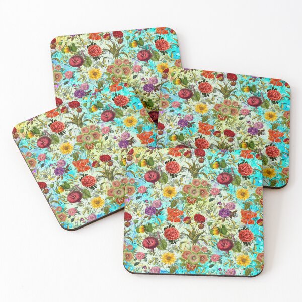 Item preview, Vintage flowers and roses exotic summer garden, botanical pattern, floral illustration, yellow turquoise vintage floral designed and sold by ZeinabTaha.
