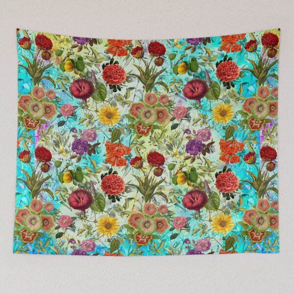 Item preview, Vintage flowers and roses exotic summer garden, botanical pattern, floral illustration, yellow turquoise vintage floral designed and sold by ZeinabTaha.