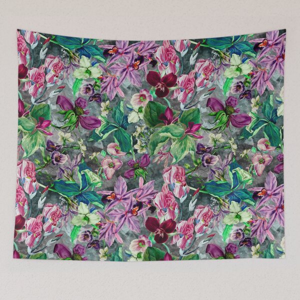 Artikelvorschau, Exotischer verträumter Blumenhimmel, botanische Illustration, Blumenmuster, graues Blumenmuster entworfen und verkauft von ZeinabTaha.