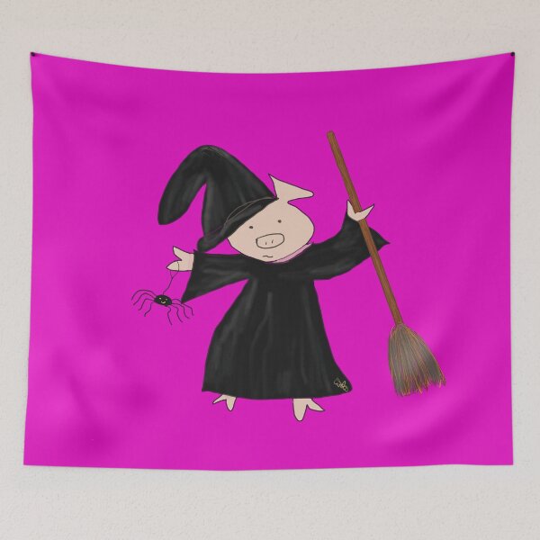 Item preview, Classic, Plain,  Halloween witch with broomstick and spider.  Cute pig in fancy dress, Halloween designed and sold by PiggingJapan.