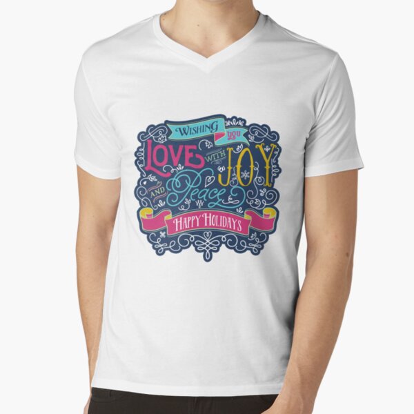 Christmas Typography Love Joy Peace Happy Holidays Banner V-Neck T-Shirt