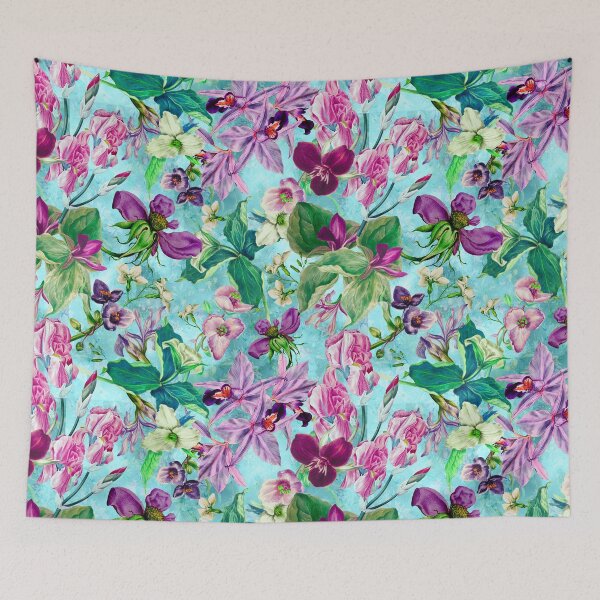 Artikelvorschau, Exotischer verträumter Blumenhimmel, botanische Illustration, Blumenmuster, blaugraues Blumenmuster entworfen und verkauft von ZeinabTaha.