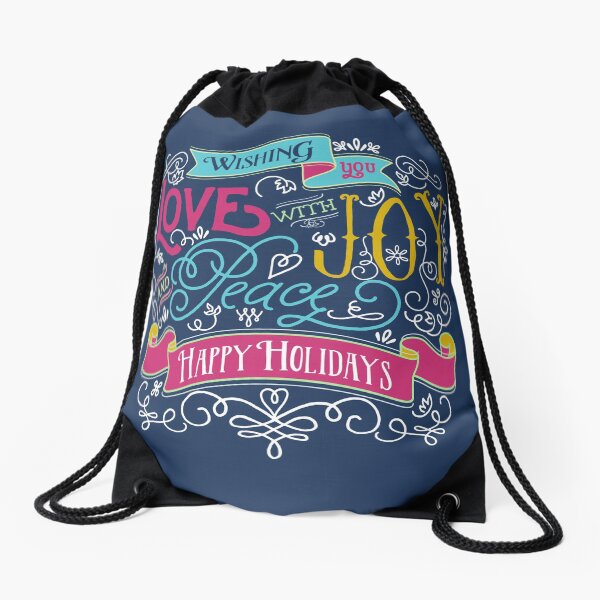 Love Joy Peace Christmas Typography Happy Holidays Banner Drawstring Bag
