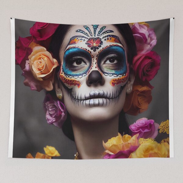Item preview, Dia De Los Muertos The Day Of The Dead – Portrait Of A Beautiful Calavera Woman With Painted Sugar Skull Mask On The Face designed and sold by MadeByRobots.