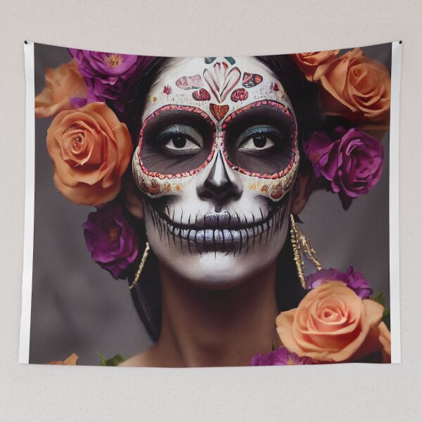 Item preview, Dia De Los Muertos The Day Of The Dead – Portrait Of A Beautiful Calavera Woman With Painted Sugar Skull Mask On The Face designed and sold by MadeByRobots.
