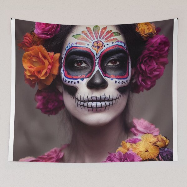 Item preview, Dia De Los Muertos The Day Of The Dead – Portrait Of A Beautiful Calavera Woman With Painted Sugar Skull Mask On The Face designed and sold by MadeByRobots.