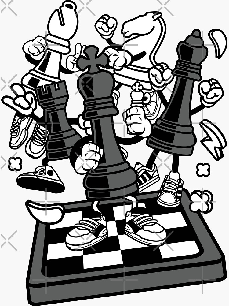 Cute cartoon drawing chess board with figures in flat style