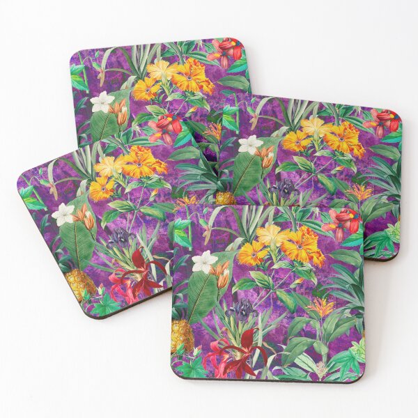 Item preview, Trendy tropical foliage exotic floral pattern, leaves and flowers tropical pattern, botanical illustration, purple blue floral illustration designed and sold by ZeinabTaha.