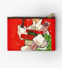 Happy holiday shopping girl, vintage Christmas greeting card Studio Pouch