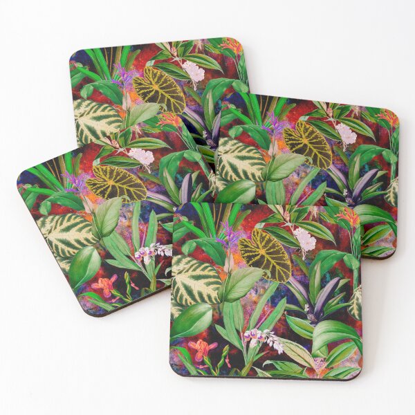 Item preview, Exotic tropical foliage, leaves and flowers tropical pattern, botanical illustration, red blue floral illustration   designed and sold by ZeinabTaha.