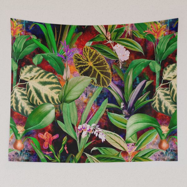 Item preview, Exotic tropical foliage, leaves and flowers tropical pattern, botanical illustration, red blue floral illustration   designed and sold by ZeinabTaha.