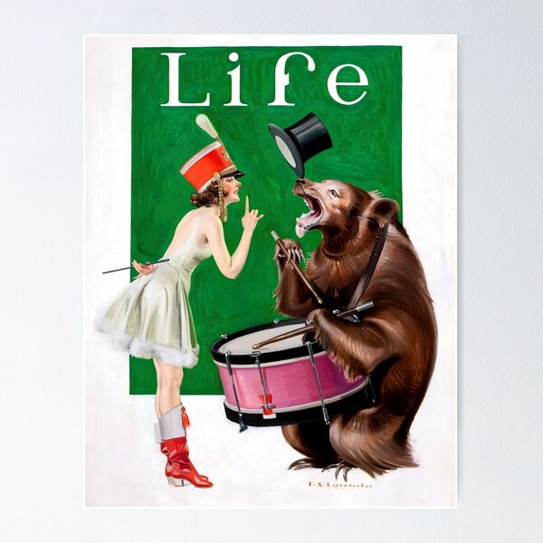 Item preview,  Vintage Life Cover Illustration Poster The Balance of Power - Beautiful girl Brown bear playing drum designed and sold by TeeARTHY.