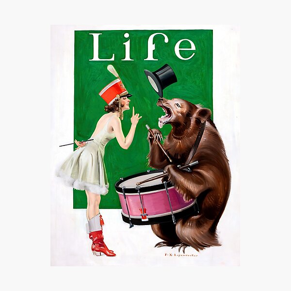 Item preview,  Vintage Life Cover Illustration Poster The Balance of Power - Beautiful girl Brown bear playing drum designed and sold by TeeARTHY.