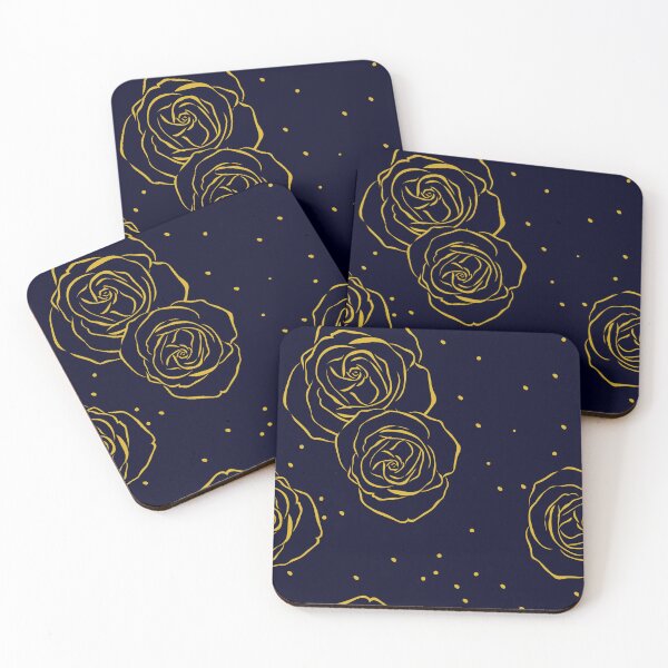 Item preview, Golden line art rose with midnight blue background seamless repeat pattern designed and sold by DesignsByMadiha.