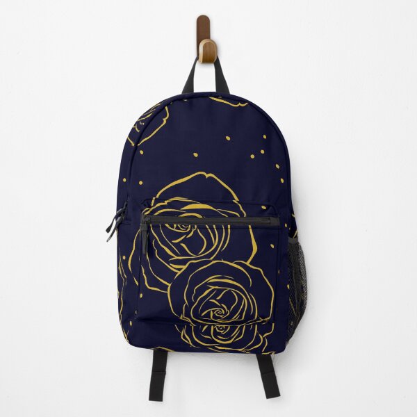 Item preview, Golden line art rose with midnight blue background seamless repeat pattern designed and sold by DesignsByMadiha.