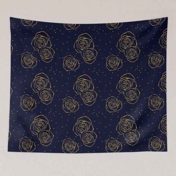 Item preview, Golden line art rose with midnight blue background seamless repeat pattern designed and sold by DesignsByMadiha.