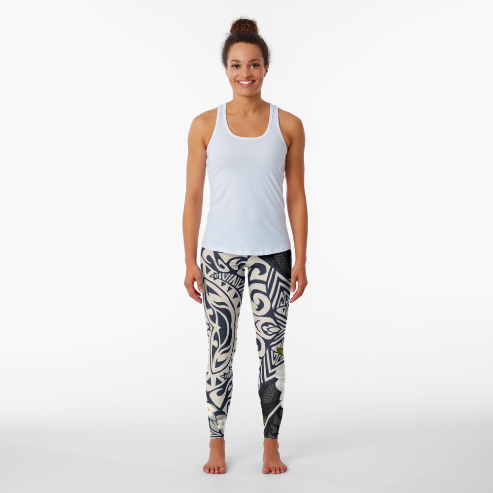 Traditional Hawaiian Tapa and Plumeria Leggings