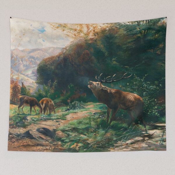 Item preview, A Roaring Stag with Hind in a Forest Glade | Johann Christian Kroner | 1887 Animal Nature Art designed and sold by CJET.