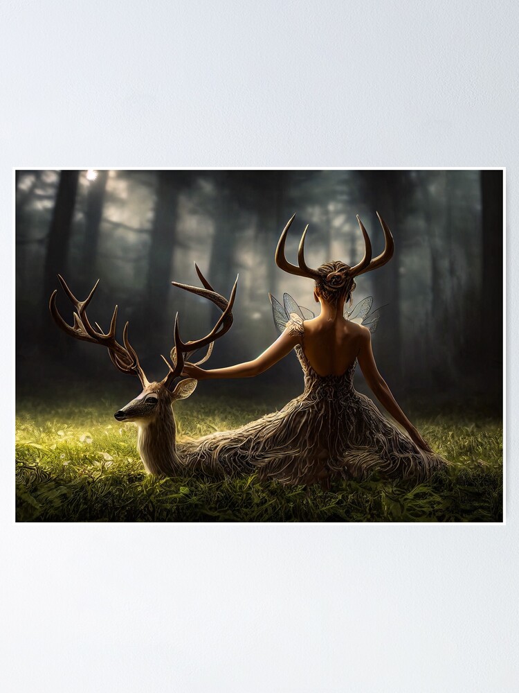 Deer and woman with antlers Poster by SalogwynLifeArt