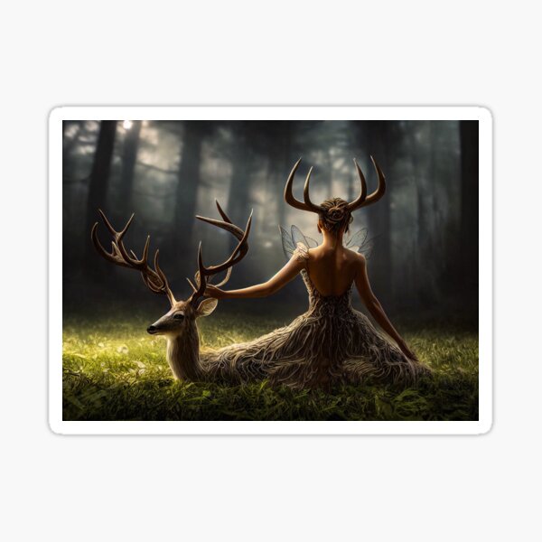 Deer and woman with antlers Sticker