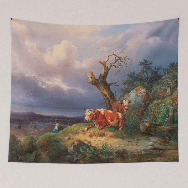 Item preview, A Shepherdess with Two Cows in a Vast Landscape | Edmund Mahlknecht | 1847 Animal Nature Art designed and sold by CJET.
