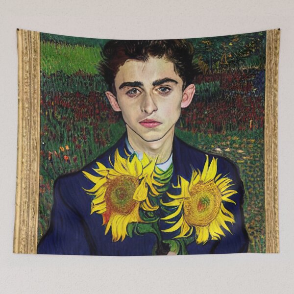 Item preview, Timothée Holding Sunflower in Field of Sunflowers Painting by Vincent Van Gogh designed and sold by SubtleSplit.