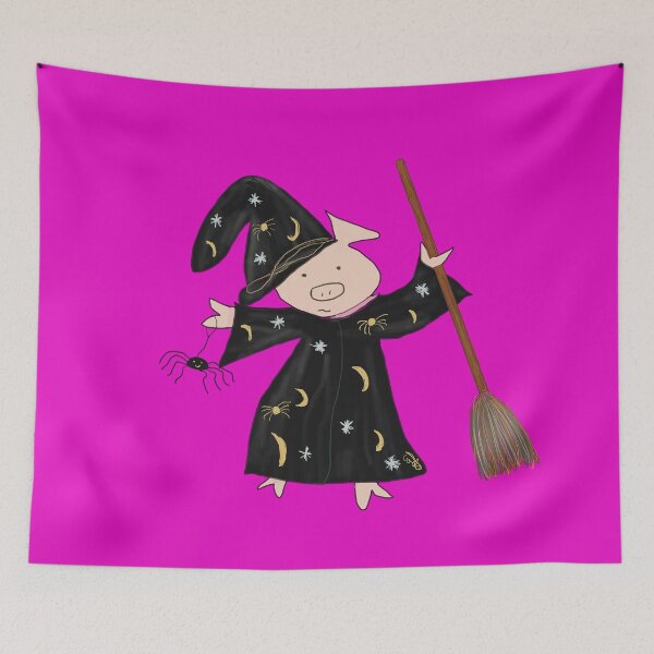 Item preview, Classic, Plain, Bling Halloween witch with broomstick and spider.  Cute pig in fancy dress, Halloween designed and sold by PiggingJapan.
