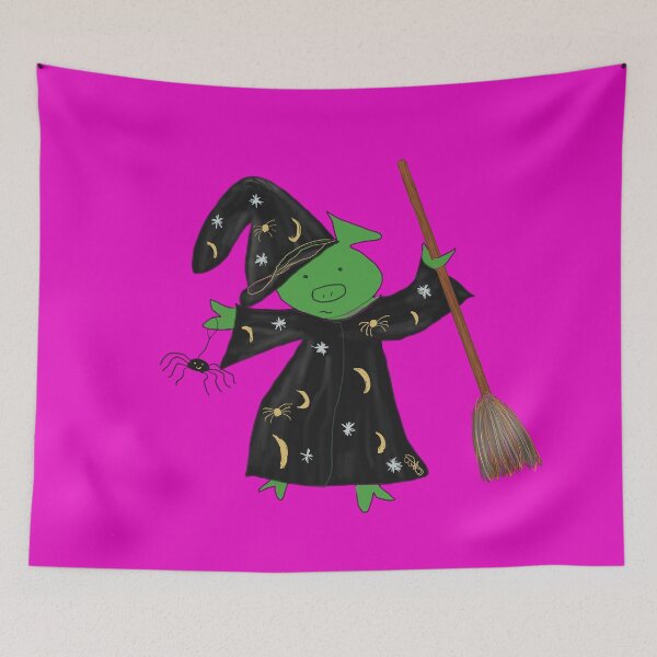 Item preview,  Plain, Bling, Green Halloween witch with broomstick and spider.  Cute pig in fancy dress. Halloween designed and sold by PiggingJapan.
