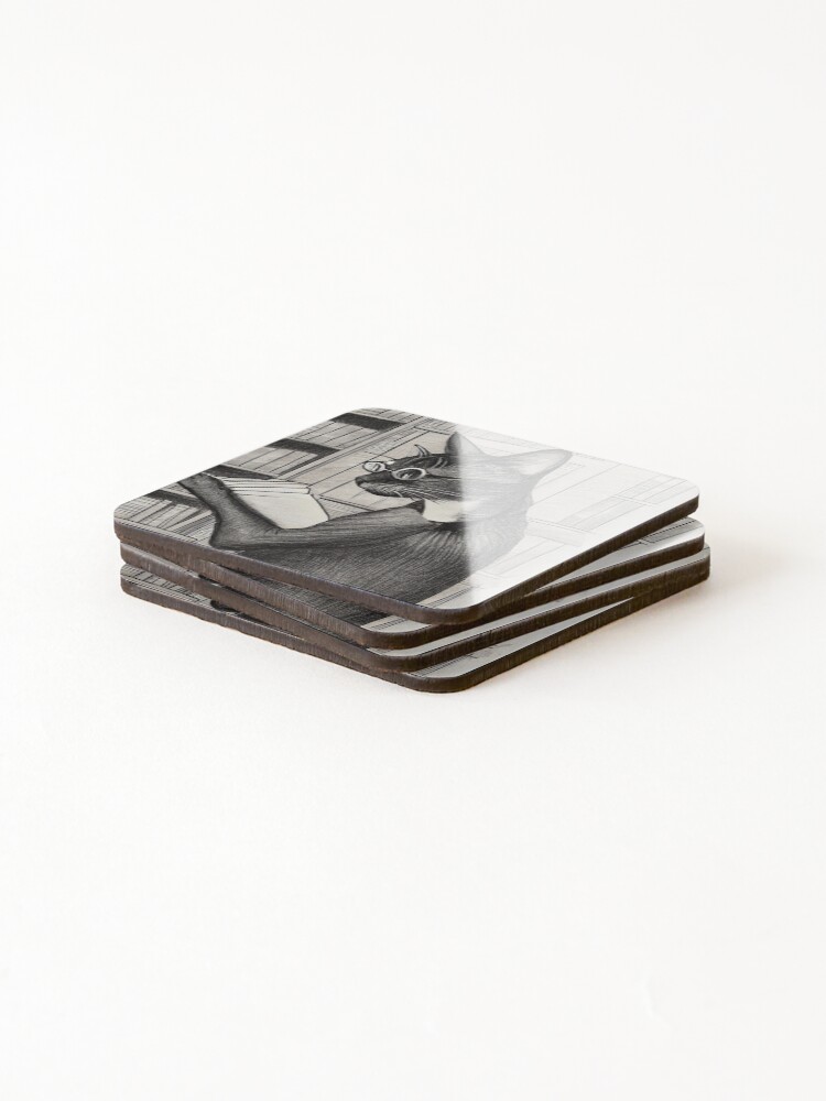 Thumbnail 4 of 5, Coasters (Set of 4), Library Cat Lithographic Print designed and sold by SubtleSplit.