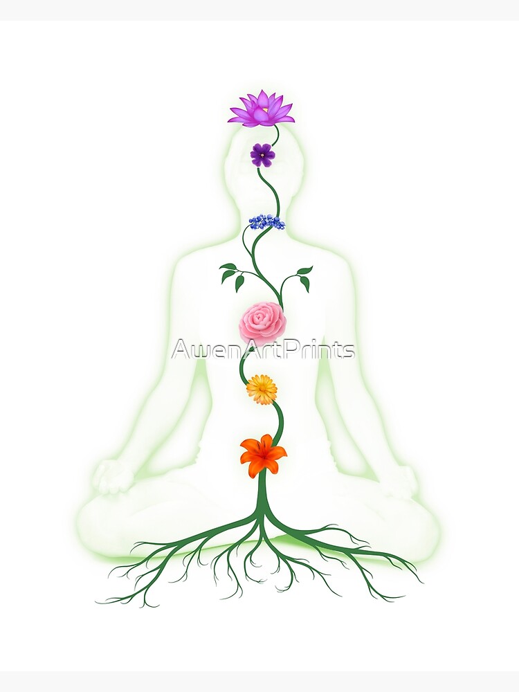 Meditating Woman with Chakras Shown as Flowers art photo print | Metal Print