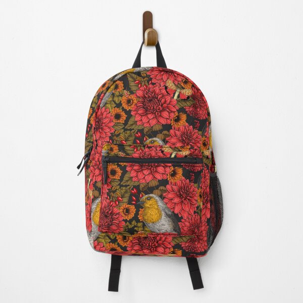 Item preview, Robins in the autumn garden, red dahlias on black designed and sold by Katerina Mitkova Kirilova.