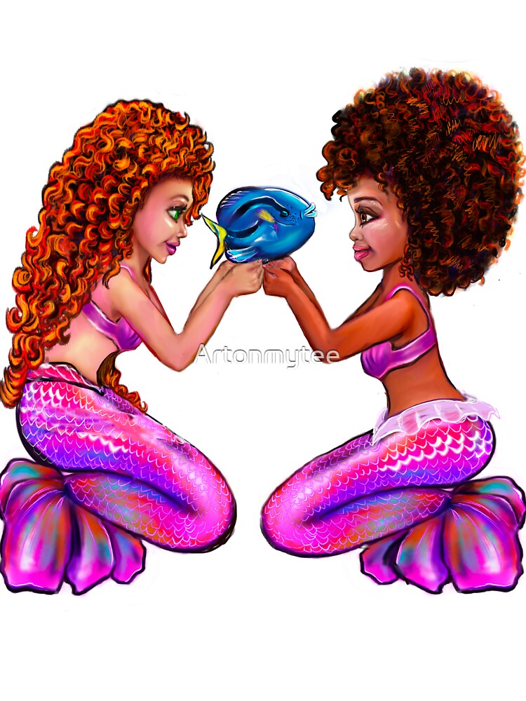 Best mermaid gifts 2023. Anime black and white mermaids with blue tang fish  African American Mermaid | Kids T-Shirt