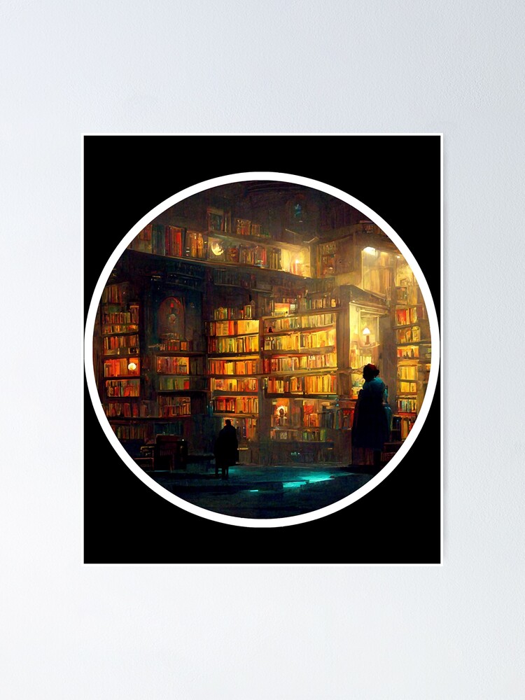 Poster for Sale avec l'œuvre « Conception de la bibliothèque de minuit  Livres de lecture » de l'artiste FirAndNeeedle