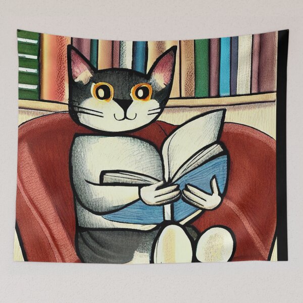 Artikelvorschau, Graue Katze, die in der Bibliotheks-Illustration liest entworfen und verkauft von SubtleSplit.