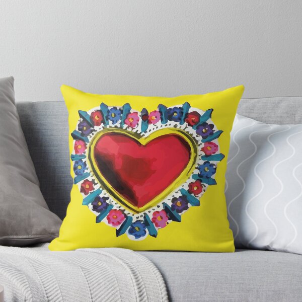 Mexican yellow silver milagro sacred heart oaxaca tin folk art Throw Pillow
