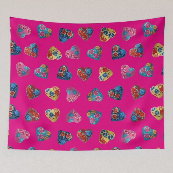 Item preview, Mexican wooden heart oaxacan hand painted flower milagrito turquoise hot pink folk art interior design designed and sold by T-Mex.