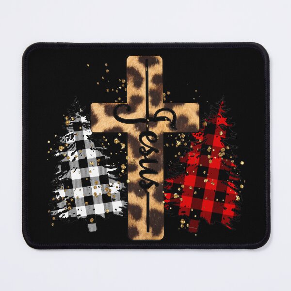 Item preview, Christmas Christian Jesus leopard Skin Cross with Plaid Christmas Trees designed and sold by ieluxury.