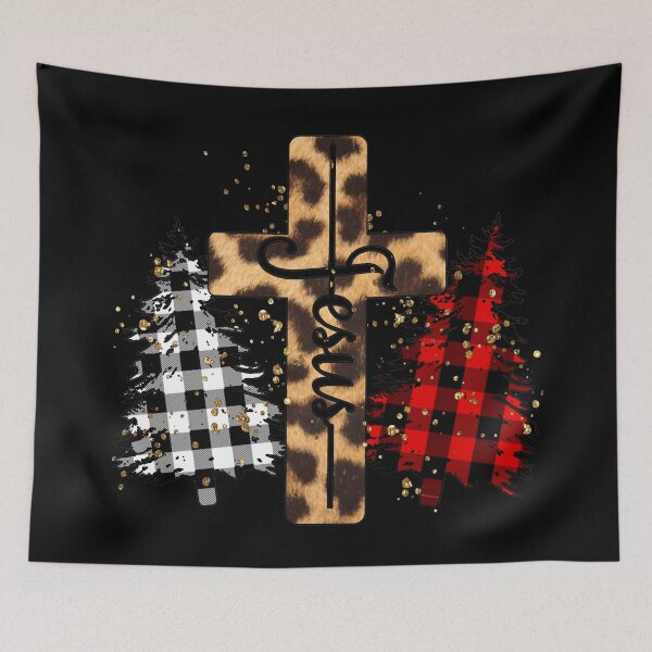 Item preview, Christmas Christian Jesus leopard Skin Cross with Plaid Christmas Trees designed and sold by ieluxury.