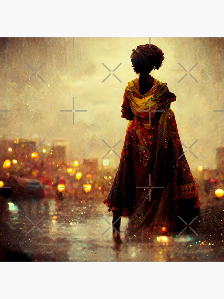 Aperçu 3 sur 3. Sticker avec l'œuvre fille de la ville en robe traditionnelle aux couleurs africaines créée et vendue par VintageSomalia.
