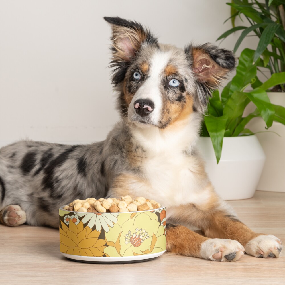 Yellow, Orange and Brown Vintage Floral Pattern Pet Bowl