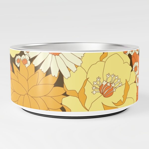 Yellow, Orange and Brown Vintage Floral Pattern Pet Bowl