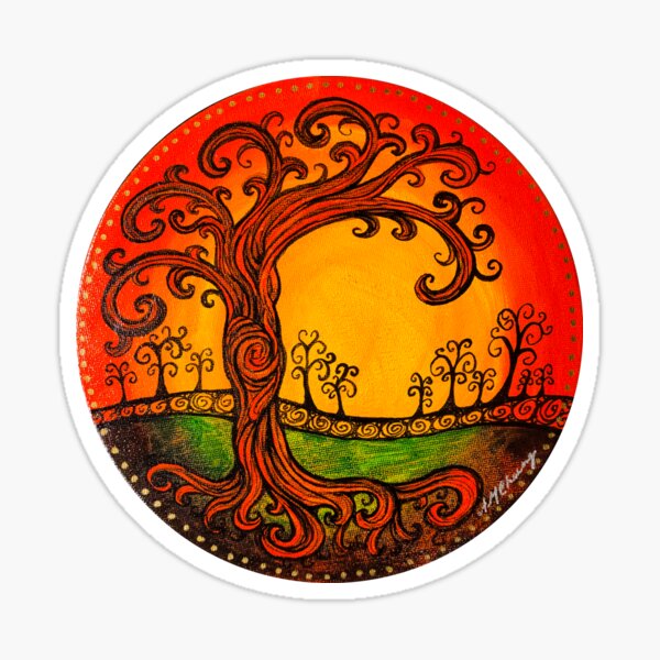 Swirly Trees with Big Orange Sun Sticker