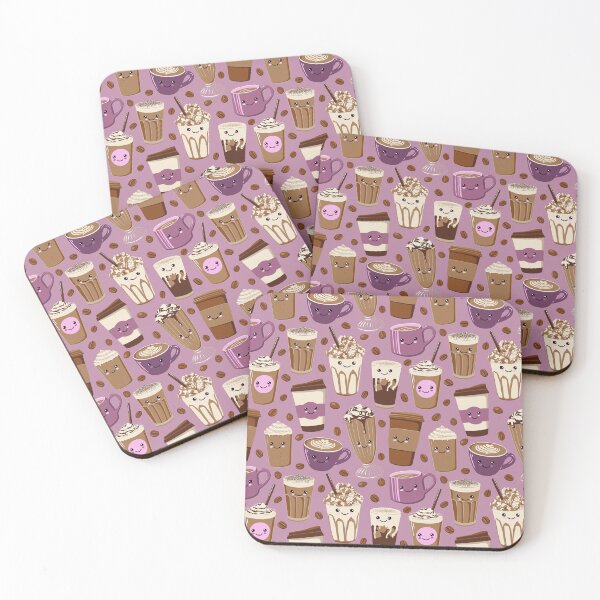 Item preview, Happy Kawaii Coffee Cups on Purple designed and sold by BexMorleyArt.