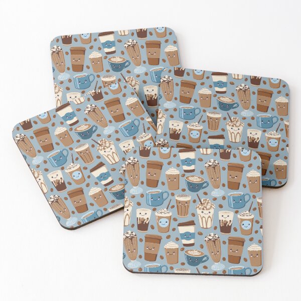 Item preview, Happy Kawaii Coffee Cups on Blue designed and sold by BexMorleyArt.